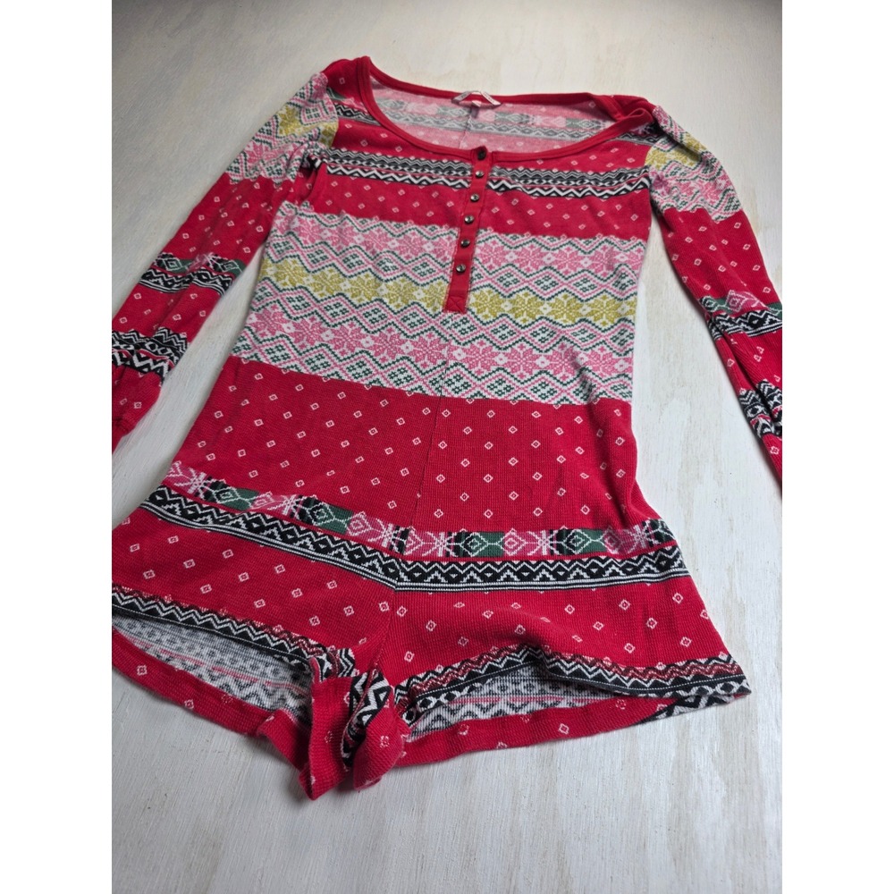 Victoria Secret Red Fair Isle Thermal Romper Henley Long Sleeve Medium Boho Y2K
